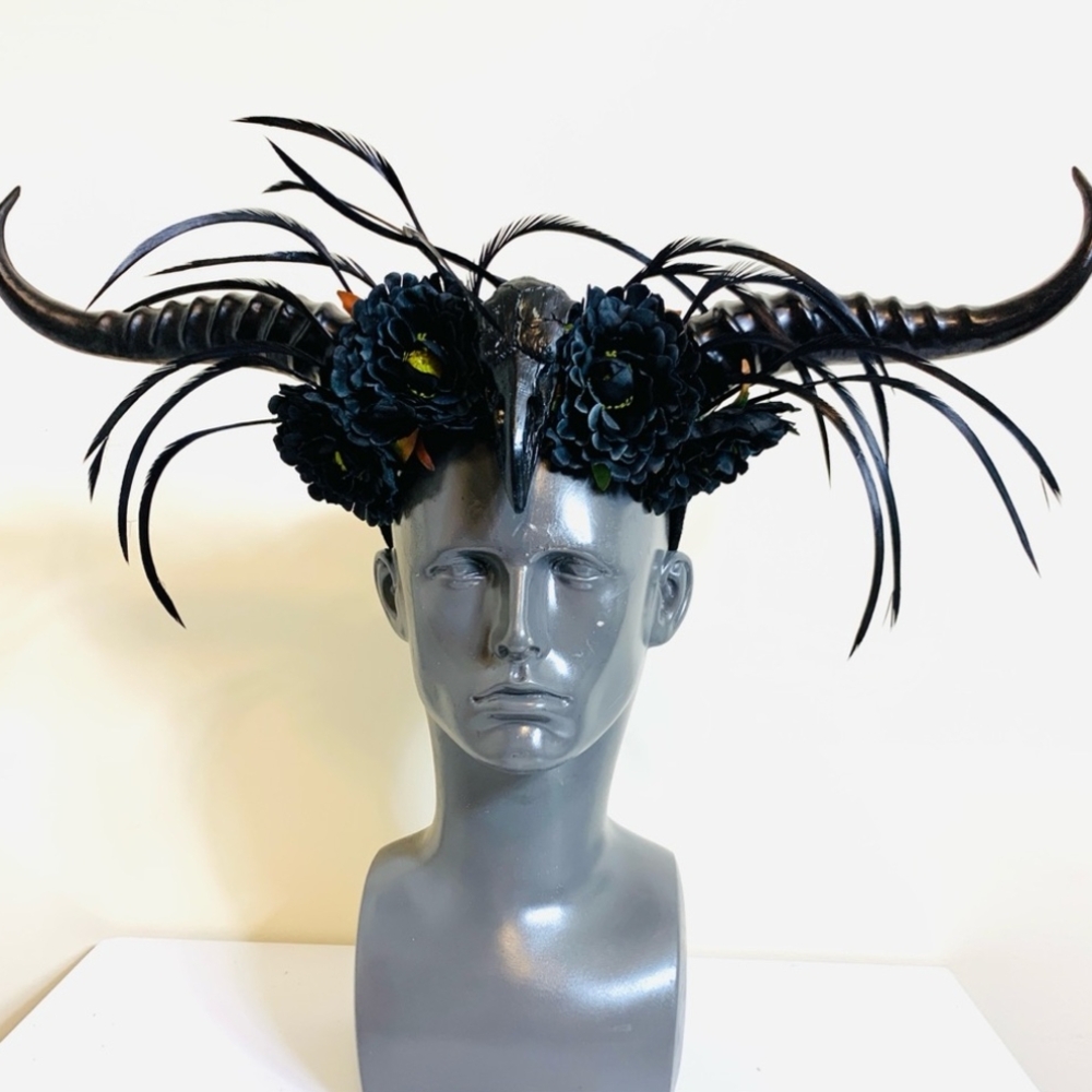 Black Horned Headpiece with Feathers and Flowers